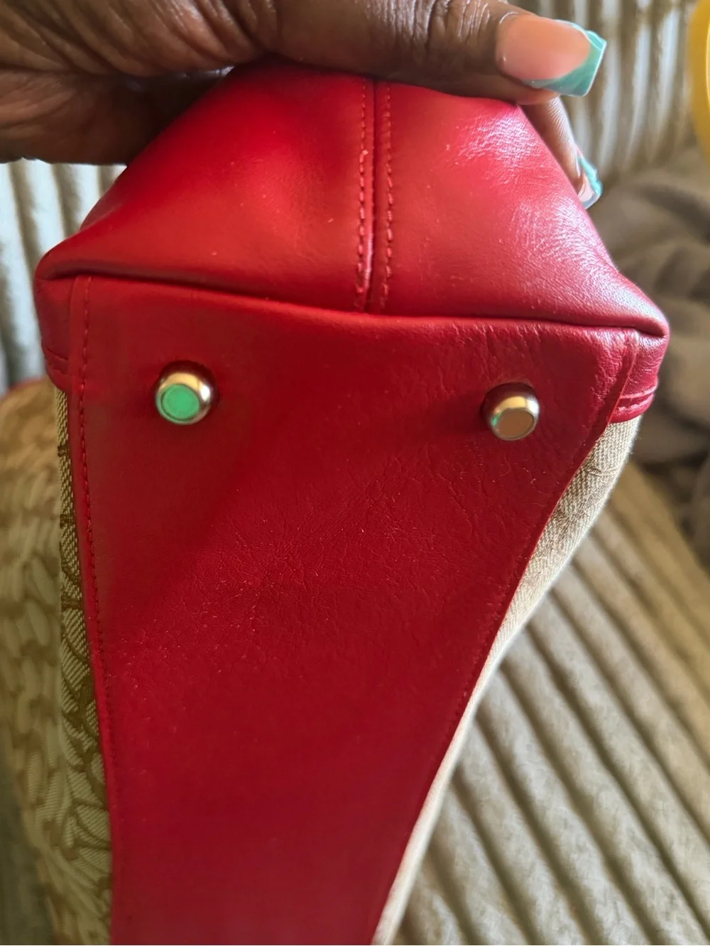 Coach Signature Canvas Shoulder Bag with Red Leather Trim